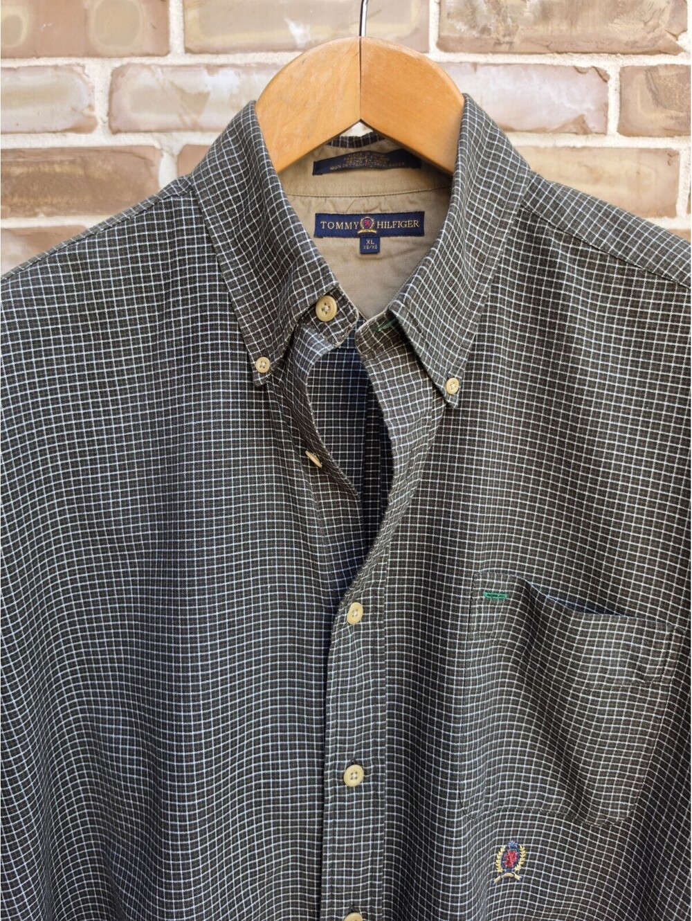 Vintage Tommy Hilfiger Shirt Mens XL 90s Y2K Brown Micro Check Crest Logo